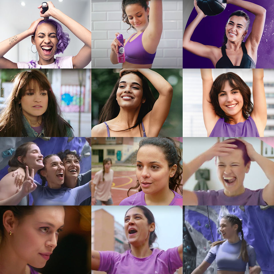 Collage de imágenes mostrando a varias mujeres en diferentes actividades cotidianas y deportivas, destacando su fuerza, alegría y diversidad mientras usan desodorante Lady Speed Stick.
